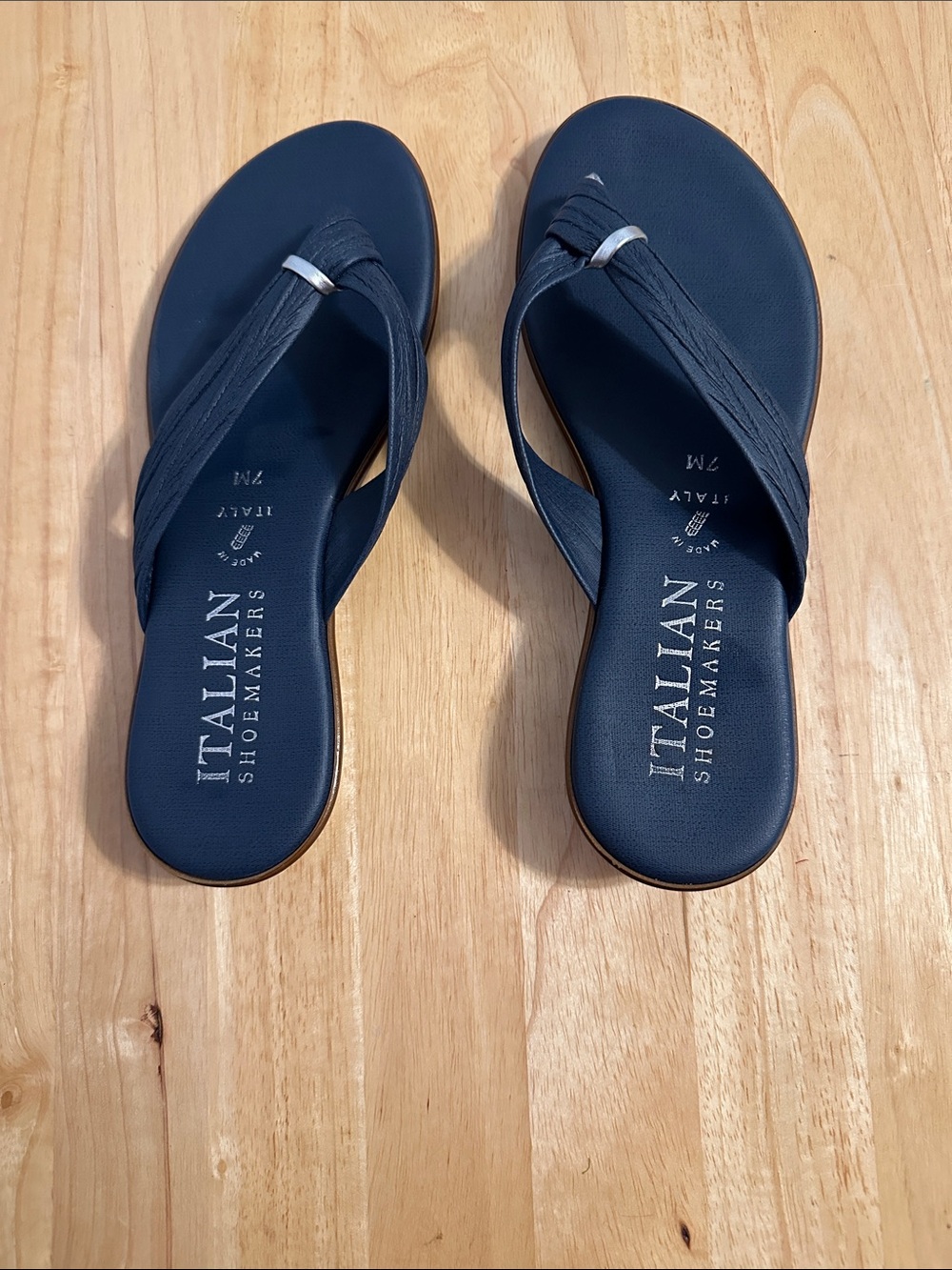 Italian Shoemakers Navy Thong Slide Sandals with Silver Accent